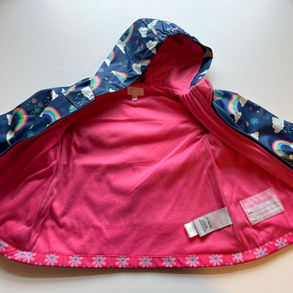Stephen Joseph Blue Pink Rainbow Hooded Zip Raincoat Toddler sz 2T - Picture 6 of 6